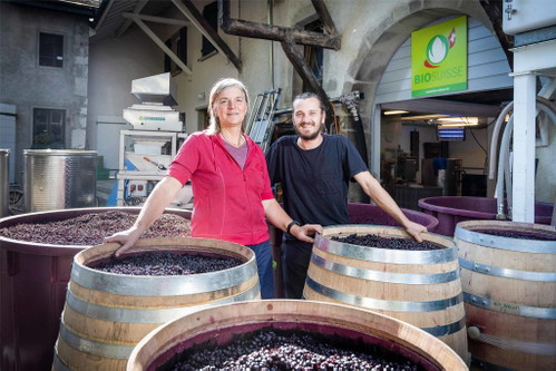 Emilienne Hutin Zumbach und Guillaume Zumbach von der Domaine Les Hutins in Dardagy bei Genf empfangen Besucher auf Anfrage.
