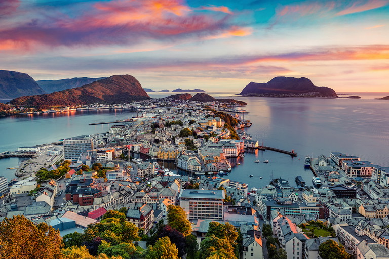 View of Ålesund at the entrance to the Geirangerfjord, Norway.