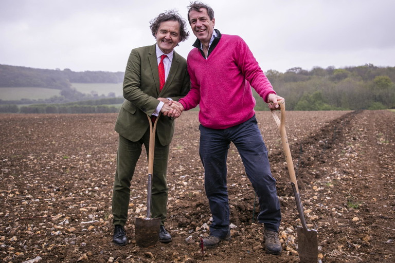 Pierre Emmanuel Taittinger and Patrick McGrath MW of Hatch Mansfield at Domaine Evremond in Kent.