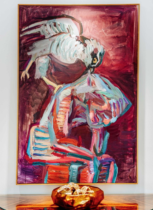 Maria Lassnig, »Ritter mit Vogel« – Öl auf Leinwand, 1984. Ein außergewöhnliches Werk von einer der bedeutendsten zeitgenössischen Malerinnen Österreichs. Maria Lassnig malt immer wieder Selbstporträts, angereichert mit surrealen Elementen, die eine eigenartige und ganz spezifische Schwebe zwischen Nähe und Fremdheit erzeugen.