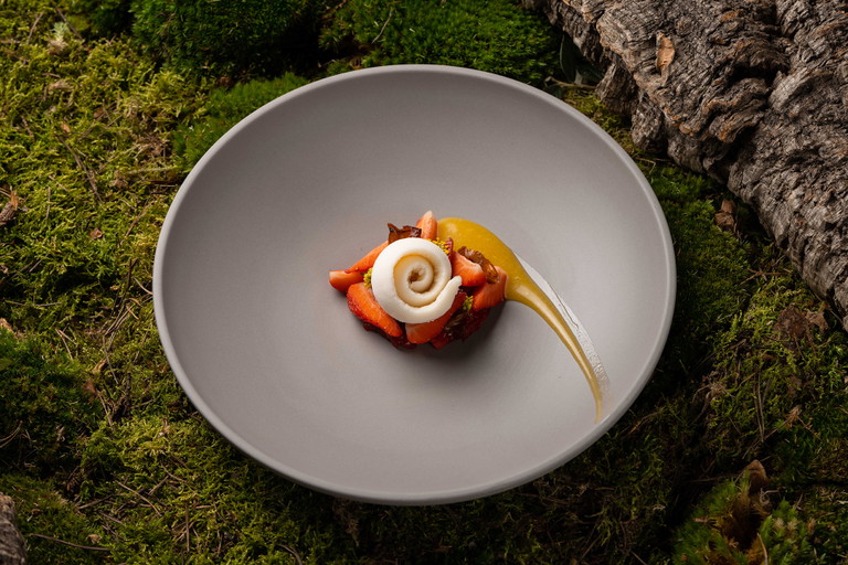Strawberries, lemonade sorbet and olive oil.