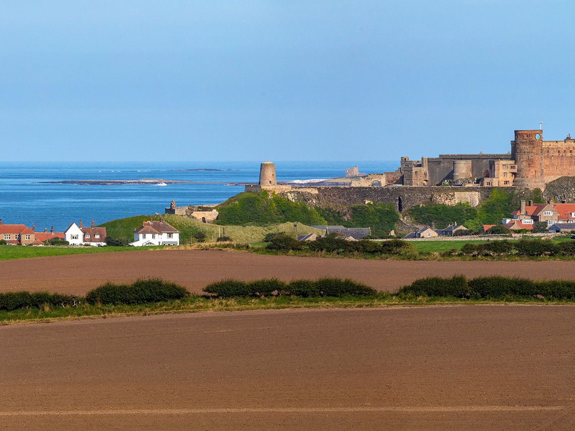Panoramic view of Bamburgh Castle, Northumberland, UK.