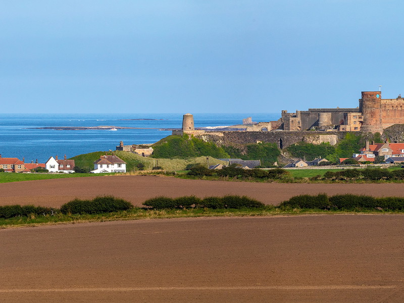 Panoramic view of Bamburgh Castle, Northumberland, UK.