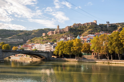 View of Narikala fortress and Metekhi bridge, Tbilisi, Georgia.