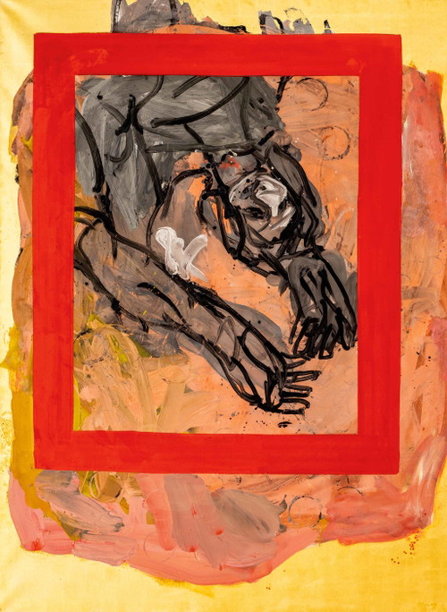Georg Baselitz. »Geste fangen«, Blattgold und Öl auf Leinwand, 1995. Berühmt geworden ist Georg Baselitz mit seinen auf den Kopf gestellten Motiven, die den Malakt in den Vordergrund stellen und den Gegenstand 
von seiner eigentlichen Bedeutung befreien.