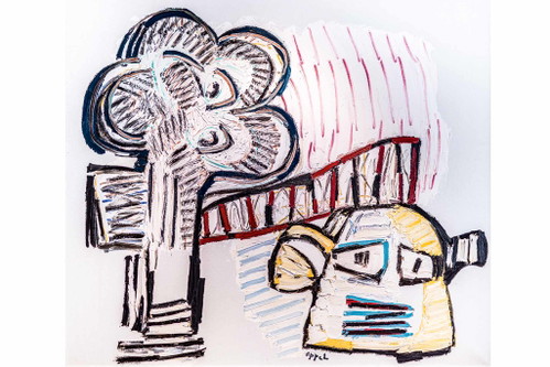 Karel Appel. »Regen am Larvotto Strand«, Öl auf Leinwand, 1980. Dieses Werk ist ein weiteres Highlight in der »Seefels«-Hotellobby. Karel Appel war ein einflussreicher holländischer Maler, der sowohl für figurative als auch abstrakte Gemälde sowie für eine einzigartige, aus­drucksstarke Verwendung von Farben, Formen und Linien bekannt war.