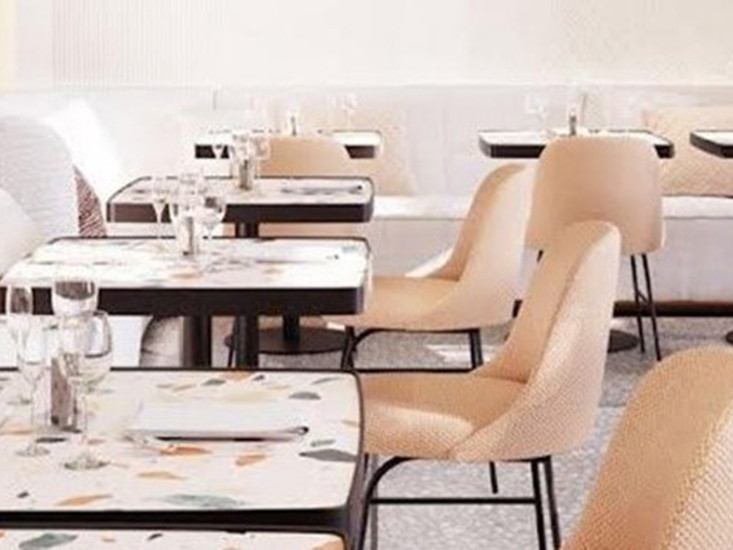 Bistrotische aus Terrazzo und pflanzenorientierte Küche im »Donnersmarkt«.