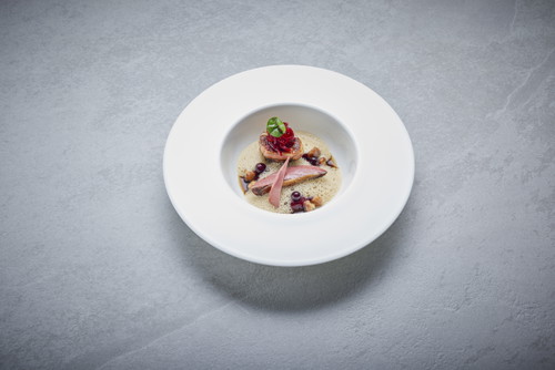Stefan Heilemann, guest chef July 2023, Food, Restaurant Ikarus, Hangar-7, Salzburg, Austria, 2023.07.01, Mieral pigeon, Beetroot, Cassis, Duck liver / Stefan Heilemann, Gastkoch Juli 2023, Gericht, Restaurant Ikarus, Hangar-7, Salzburg, Österreich, 2023.07.01,  Mieral Taube, rote Bete, Cassis, Entenleber // Helge Kirchberger Photography / Red Bull Content Pool // SI202307030537 // Usage for editorial use only //