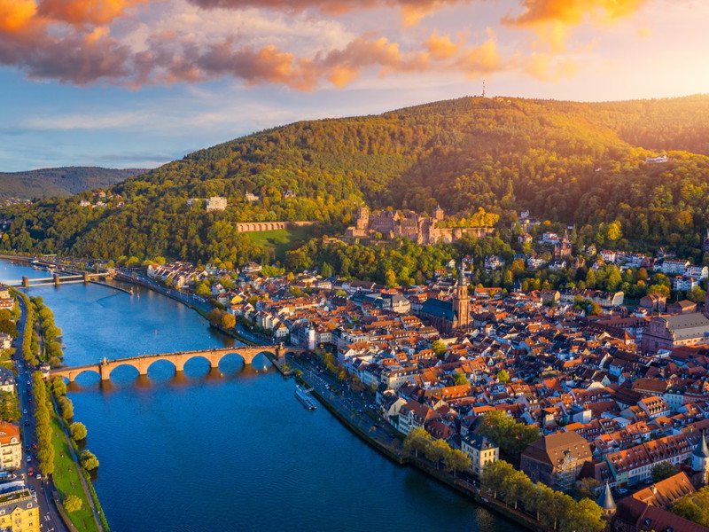 Heidelberg skyline aerial view from above. Heidelberg skyline aerial view of old town river and bridge, Germany. Aerial View of Heidelberg, Germany Old Town. Video of the aerial view of Heidelberg.