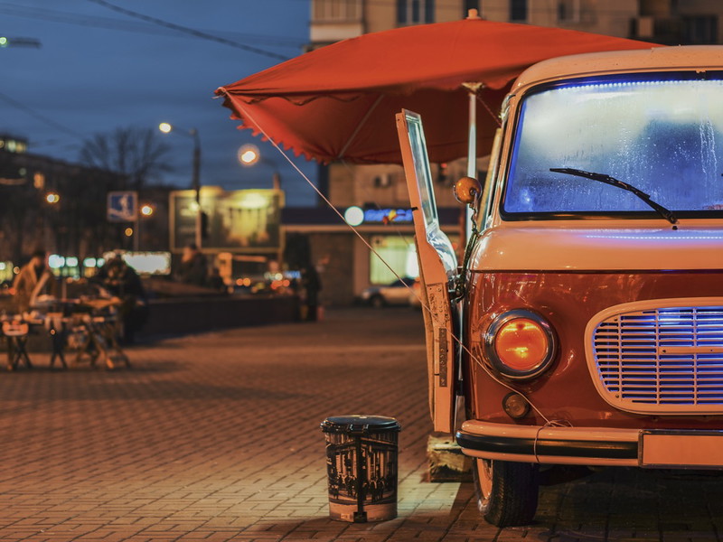 Food Truck on wheels in night street