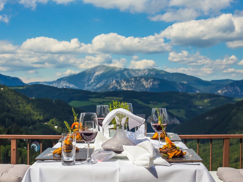Outdoor terrace  with lunch in mountains. Semmering.