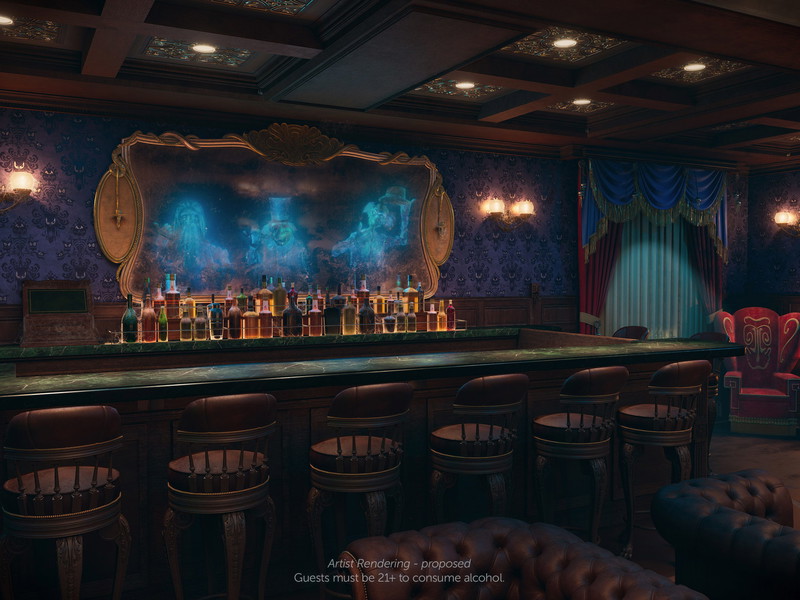 Disney Cruise Line reveals the Haunted Mansion Parlor, an all-new bar inspired by the iconic Disney Parks attraction, The Haunted Mansion. Foolish mortals will sip spirited craft cocktails among happy haunts for the first time inside this new venue on board the Disney Treasure when it sets sail in December 2024.  (Disney)

©Disney