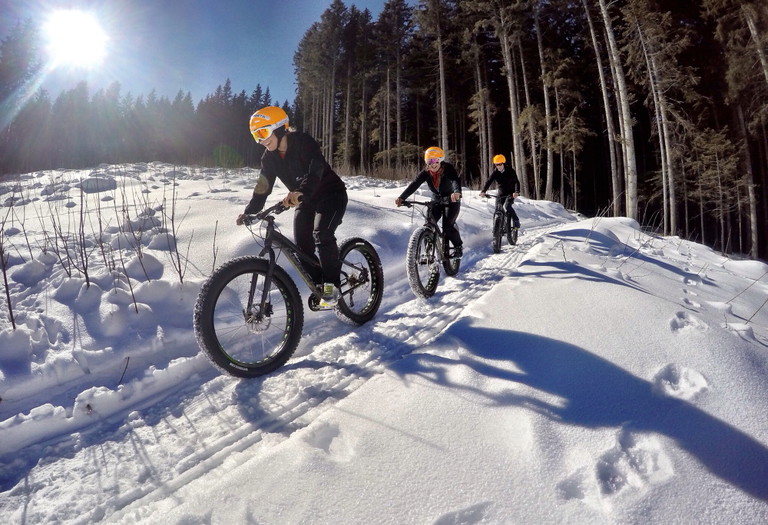 Fahrradfahren im Winter? Auf Schneewegen? Extrabreite Reifen und ein E-Motor machen Fatbikes zu einer Alternative
zu Pferdekutschen.