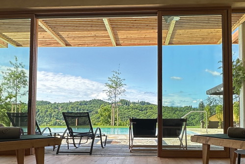 Das Panoroma vom Pool von »Fräulein Leni«  ist eine grandiose Inszenierung von den Farben des Himmels und den Grüntönen der Landschaft und Weinberge. 