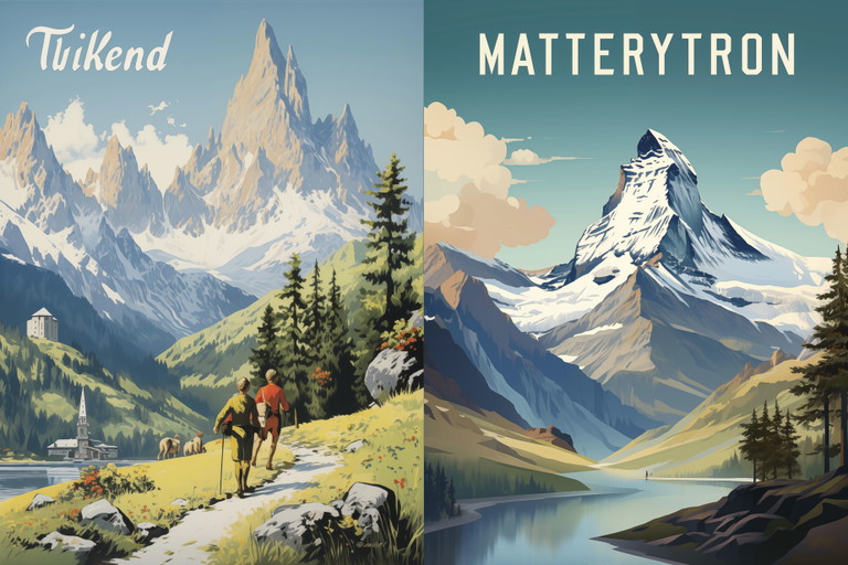 Wilder Kaiser versus Matterhorn: Ein »Retro-Reiseposter«, erzeugt von der KI: Beim Tiroler Gebirgszug links tut sich das Programm noch schwer, das Matterhorn sieht schon besser aus. Schriftzüge schafft »Midjourney« nicht, sie müssen manuell hinzugefügt werden.