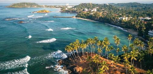 Kokospalmenhügel am Strand von Mirissa, Sri Lanka.