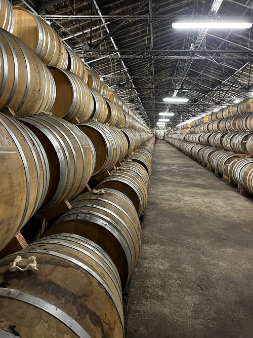 Blick in ein es der Lagerhäuser von Rémy Martin. Während des gesamten Reifezyklus werden die Fässer nicht bewegt, lediglich der Cognac wird umgefüllt. 