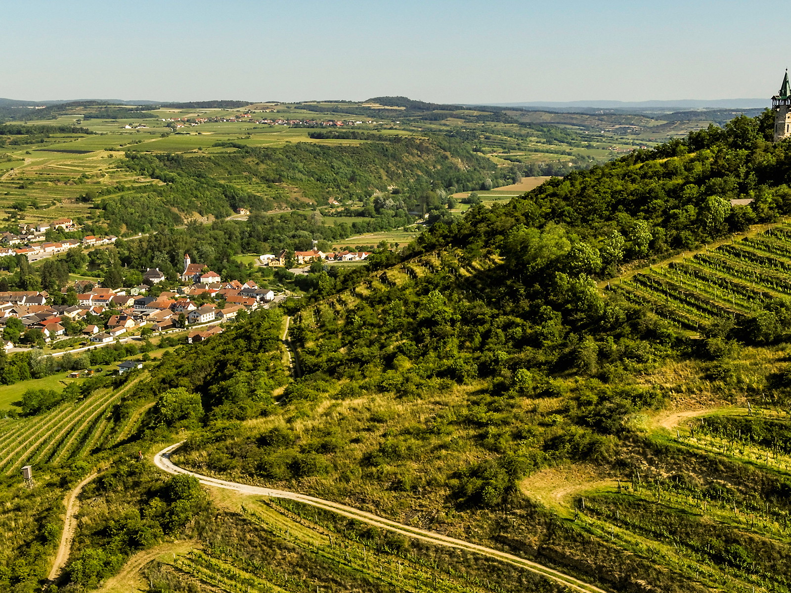 Weithin sichtbar thront die Kamptalwarte am Heiligenstein über den Weinterrassen und den malerischen Winzerdörfern.