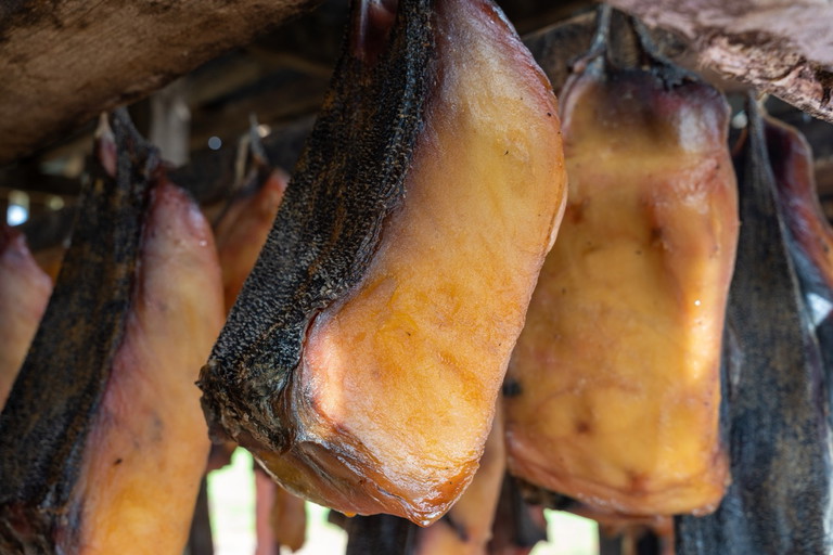 Hákarl, fermentierter Hai aus Island, gilt als traditionelle Delikatesse mit starkem Geschmack. Der Verzehr wird oft von einem Schluck Brennivín begleitet.