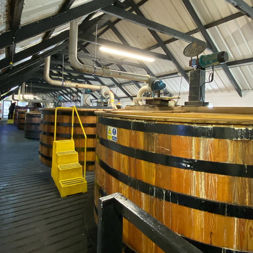 Blick auf die Waschbacks (Gärbottiche) bei Bowmore. Hier entsteht unter Zugabe von rund 100 Kilogramm Hefe  in die geläuterte Maische das rund 8 Vol. % starke »Malzbier«, dass später abdestilliert wird. 