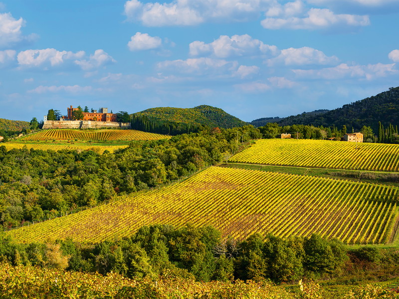 Das mächtige Castello di Brolio war einst ein Vorposten der Florentiner gegen Siena. Heute erzeugt hier die Familie Ricasoli beeindruckende Weine.