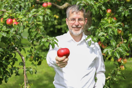 Qualitätsmanager Stefan Buggle kennt die Vorteile der Streuobstsorten. Im Gegensatz zu Tafelobst ist vor allem der höhere Säureanteil ein wichtiges Qualitätsmerkmal für die Apfelprodukte von vomFass.