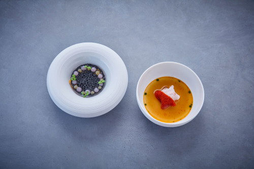 Kalamar, Knochenmark, Bouchet Muscheln, Galanga Suppe