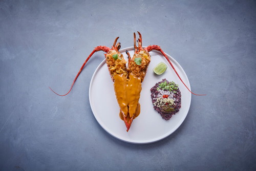 Languste, Tom Yam Bisque, Knuspriges Ei, Schwarzer Reis