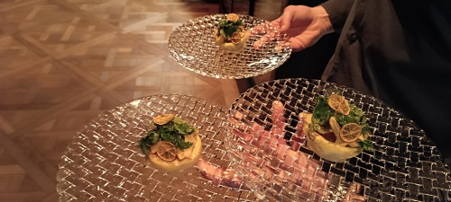 Die Vorspeise: Artischocken-Salat mit fein gehobelten, pochierten Artischockenherzen auf Pink Grapefruit und Kalamansi Filets mit frischen Gartenkräutern.