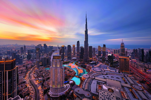 The highest buidling in the world, the Burj Khalifa, dominates the city skyline.