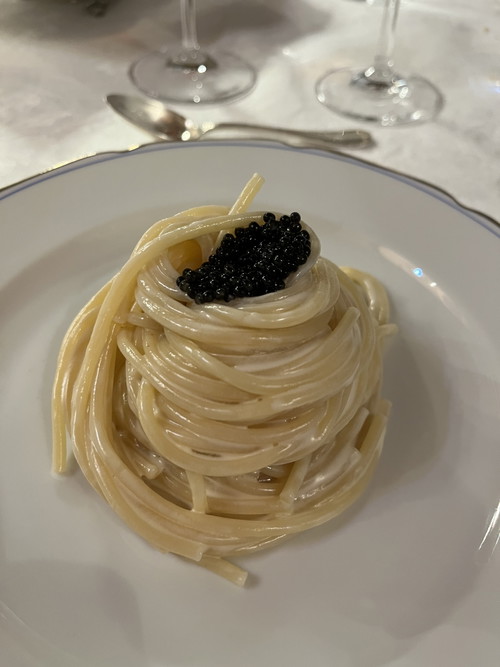 Spaghettone biologico monograno Felicetti panna acida e caviale ferrarese
