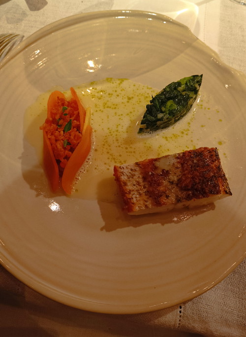 Hecht mit Süßerfdäpfel, Zitronen Thymian und Rosa Bianca.
