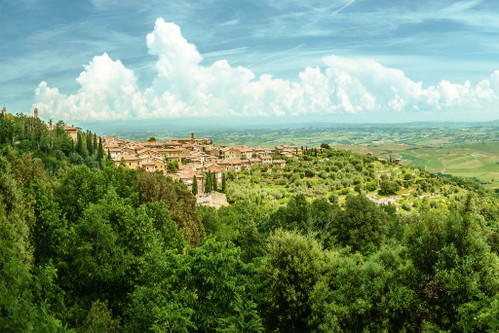 Montalcino liegt in luftiger Höhe auf 500 Höhenmetern. Die Hänge an allen vier Flanken des mächtigen Hügels sind mit Weinreben bepflanzt. 