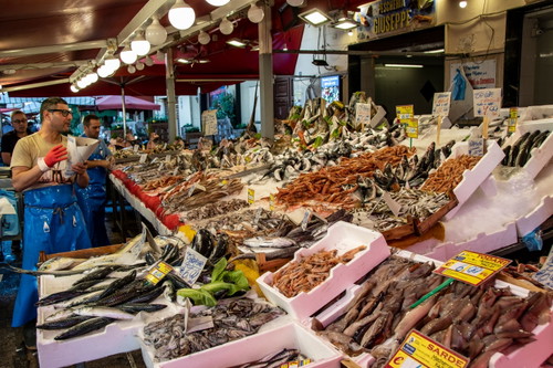Der Markt von Ballarò ist bunt, chaotisch und voller Düfte. Im Kreis: die für die Hauptstadt Palermo typischen Arancini.