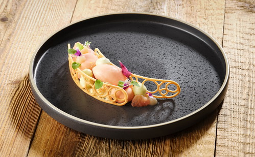 Champagner-Mousse, Minzen-Espuma, Grapefruit-Sorbet und Grapefruit-Filet.