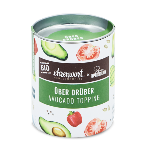 Über Drüber Avocado Topping: Aromatische Mischung aus Tomatenflocken, Paprika, Flor de Sal und Pfeffer, verfeinert mit Bio-Sprossen ist um 4,99 Euro erhältlich.