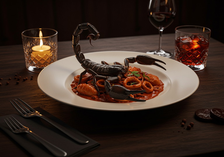 Das perfekte Skorpion-Dinner? Kerzenschein, ein schwerer Teller Pasta, ein Drink, der nach Geheimnissen schmeckt.
