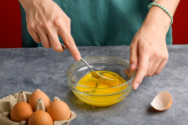 The best time to add the miso paste is by folding it into the eggs while you beat them.