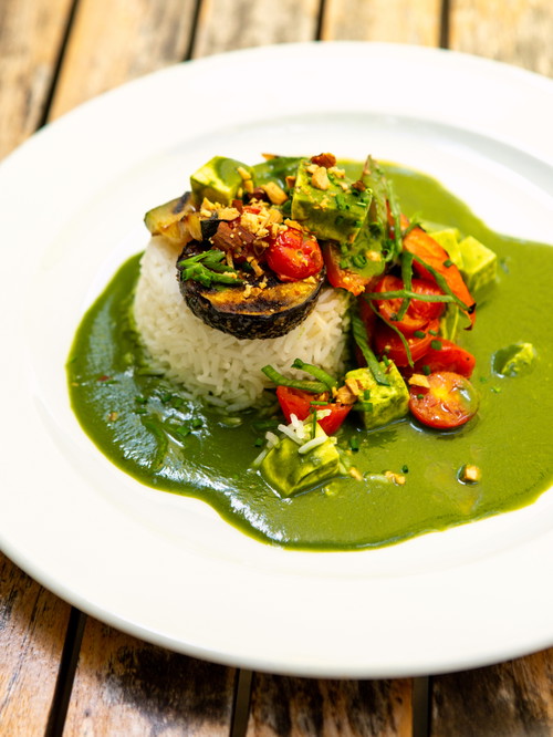 Palak Paneer, hausgemachter gepresster Frischkäse, Spinat-Kokosmilchsauce, grilliertes Sommergemüse mit Basmati Reis und Mandelsplittern.
