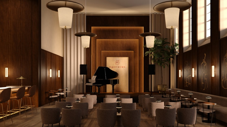 Epicurus was designed by Gram Fratesi, granting the space great acoustics and an intimate feel.