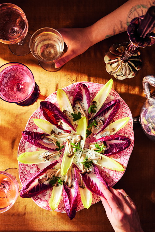 Chicorée und Radicchio gefüllt mit Quark und eingelegten Pilzen