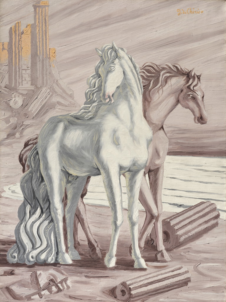 Giorgio de Chirico: Chevaux devant la mer (Due cavalli), um 1927, signiert, Öl auf Leinwand, 130,2 x 97,1 cm, gerahmt.
Schätzwert: EUR 600.000,- bis EUR 800.000,-