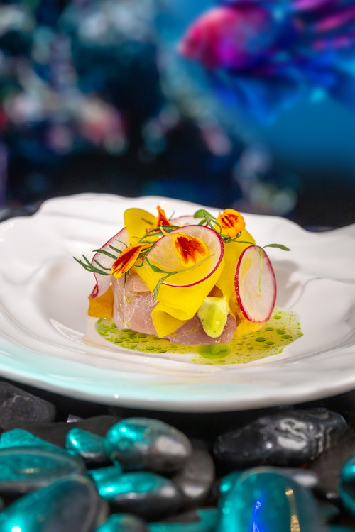 Sinnliches aus den Tiefen des Meeres mit Hamachi, gelbe Bete und Kamille
