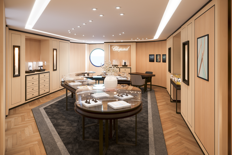 Die erste Chopard-Boutique an Bord von »Explora Journeys«, so edel wie die Uhren und Schmuckstücke des Labels.