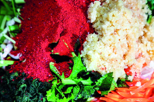 Schritt zwei: Die Zutaten für die Würzpaste – etwa Zwiebeln, Knoblauch, Ingwer, koreanisches Chilipulver und (vegane) Fischsauce – mit einem Mixer oder in einer Küchenmaschine zerkleinern 