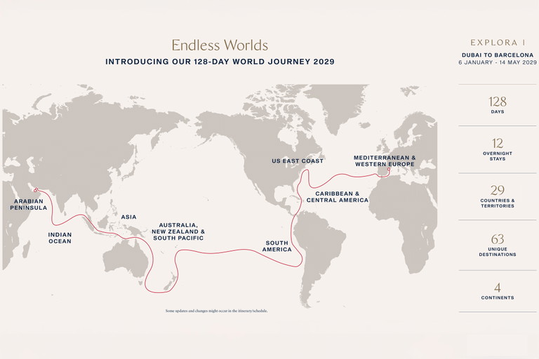 Auf der »World Journey« 2029 erkunden Sie ostgehend 4 Kontinente an 128 Tagen.