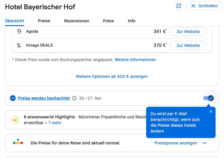 Beispiel / Screenshot der Suche auf Google Hotels
