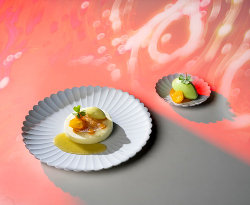 Dieter Koschina in Incarnation: »Blanc Manger« | Agrumen | Pistazie Sauerampfer Sorbet | Kumquat | Biskuit