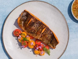 Grilled salmon trout with watermelon and mint salad