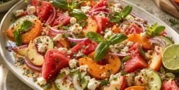 Wassermelone mit sommerlichem Obst, Gurke, Feta und Kräutern